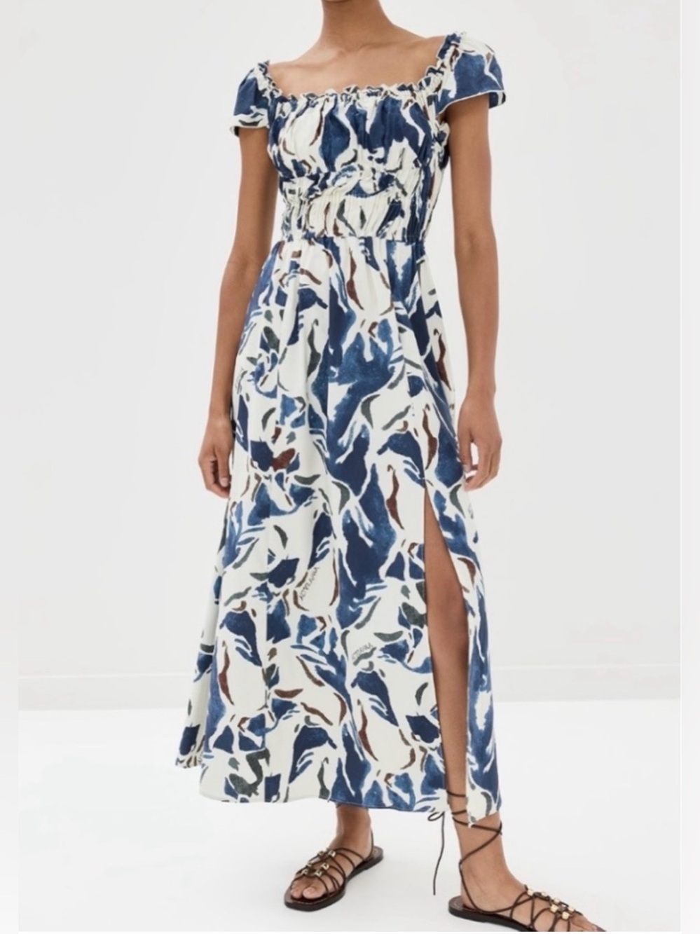 ALTUZARRA Blue Ivory Abstract Print Smocked Off Shoulder Maxi Dress FR34 US2